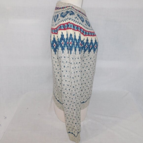 VTG Woolrich Womens M Wool Blend Fair Isle hearts  Sweater Gray Blue Maroon - Picture 6 of 9